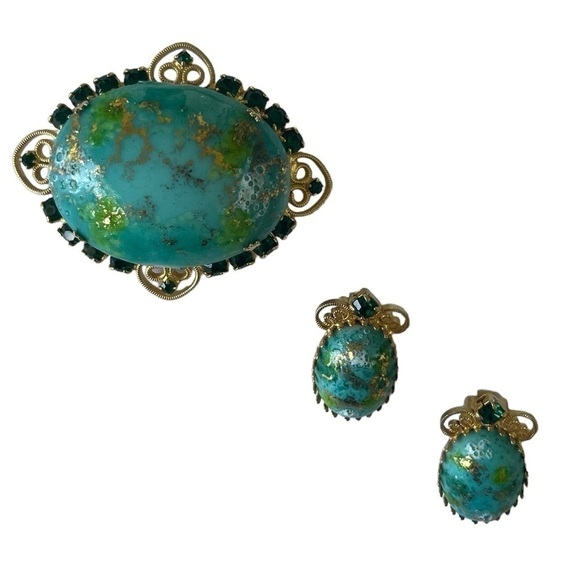 Vintage Brooch and Clip Earrings Set Green and Aqua Rhinestone rare 1960s - Picture 8 of 13